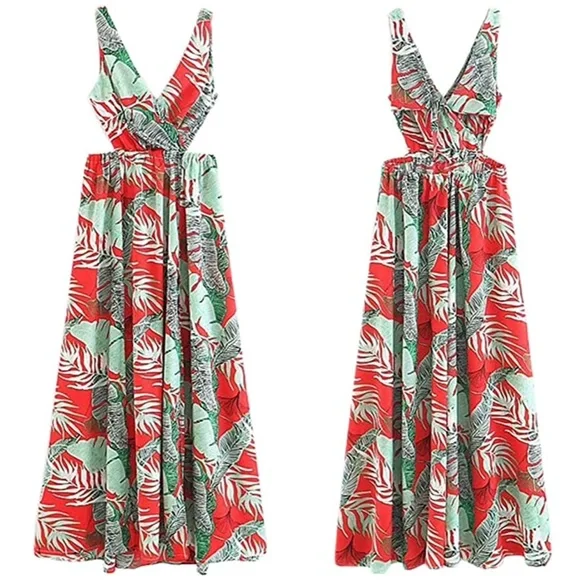 Gorgeous Sleeveless Tropical Botanical Maxi in orange and green - Picture 3 of 8